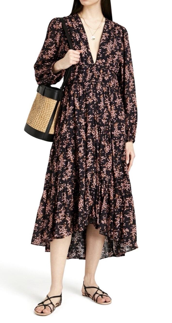 Ulla Johnson Joan Floral Print Midi Dress Size 6 Black Cotton Blend Lined V Neck
